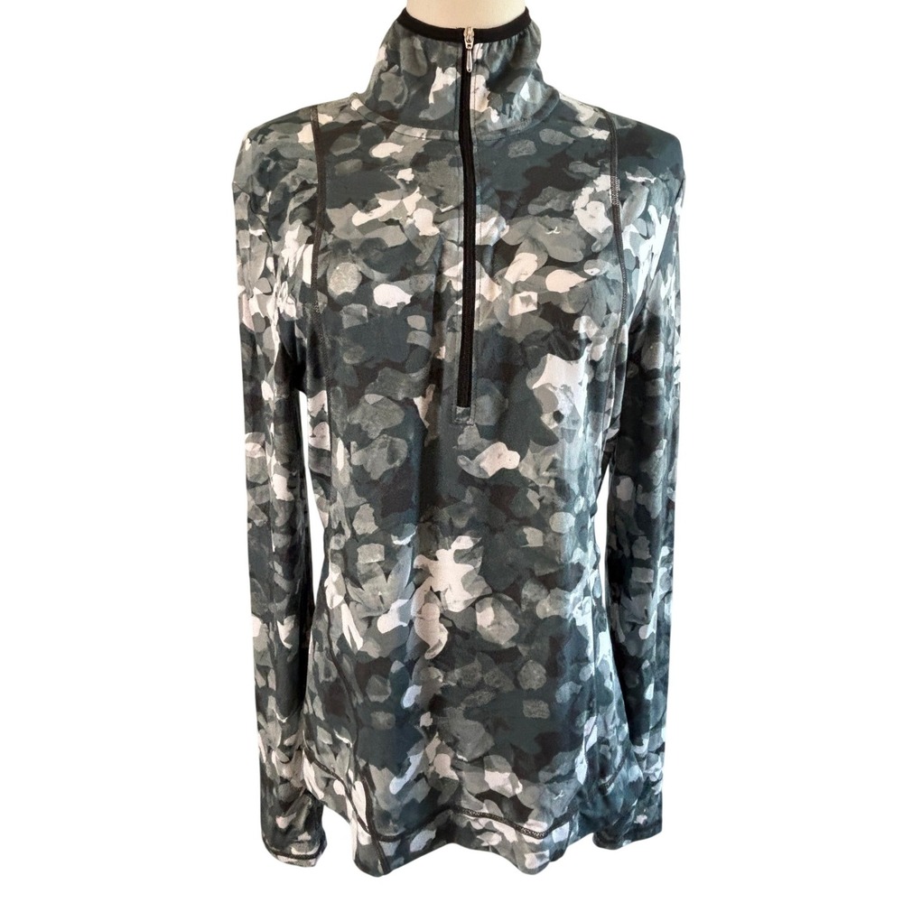 NILS Quarter Zip Pullover Grey Green Women Size M Abstract Floral Camo Top